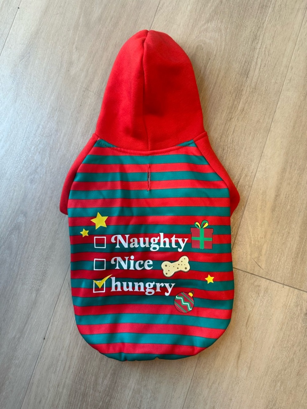 Red & Green Striped 'Hungry' Holiday Dog Hoodie
